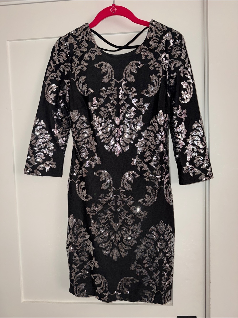 B Darlin Black Midi Dress with Silver Sequin Damask Design